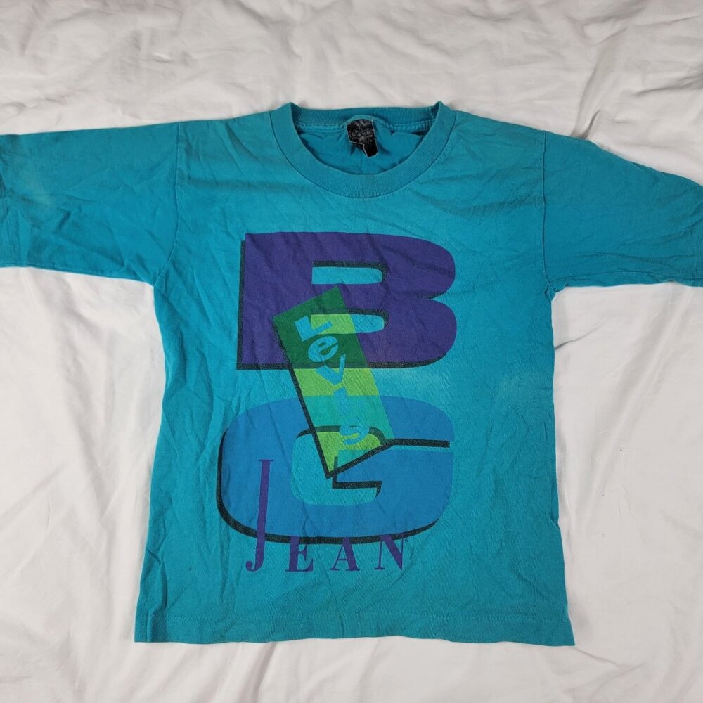Vintage Levis Big Jean Kids Small Graphic Tee Shirt Turquoise School Casual